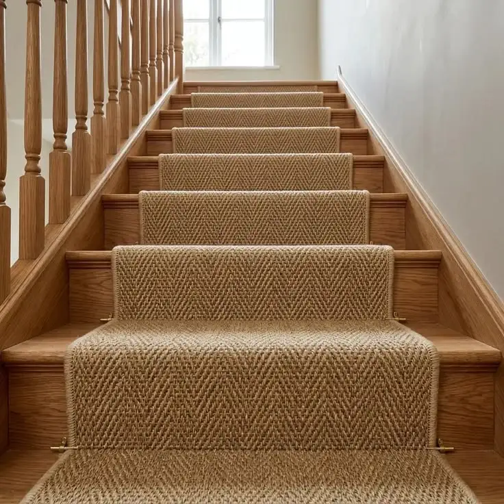 Natural woven jute stair runner with bound edges and brass stair rods installed on a wooden staircase for Jute Stair Runners Dubai.