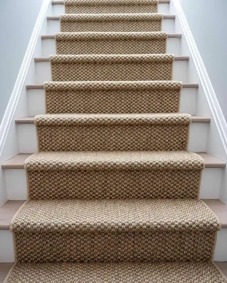 Natural woven texture sisal carpet runner installed on light wooden stairs for Sisal Stair Runners Dubai.