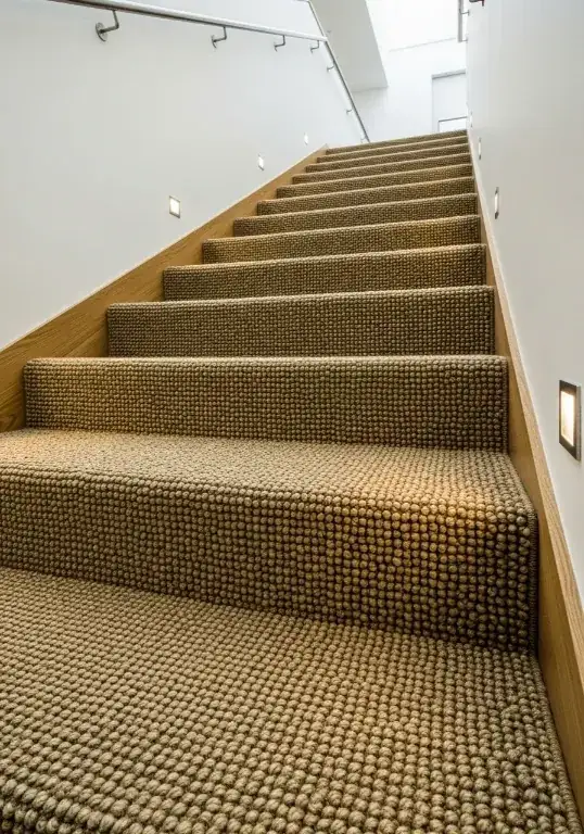 Textured patterned stair runner neatly fitted on modern wooden steps with wall-mounted lighting for Patterned Stair Runners Dubai.
